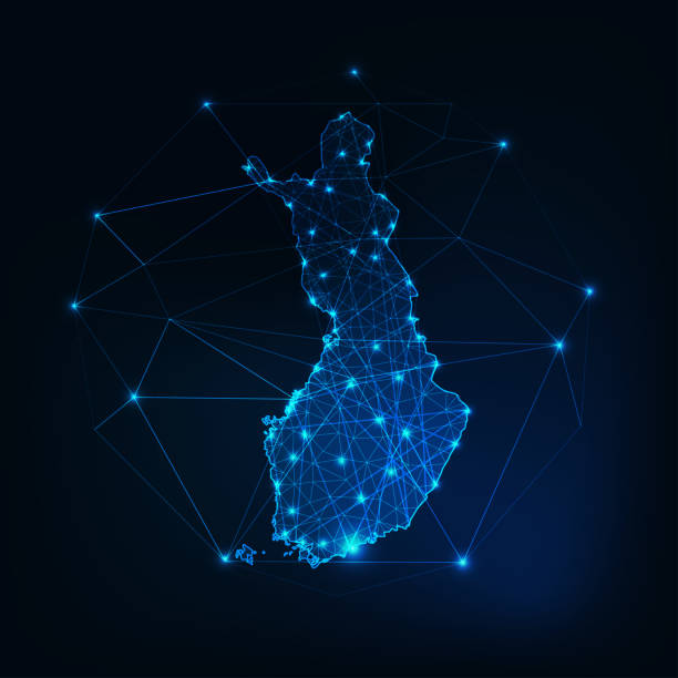 finlandiya haritası parlayan siluet anahat yıldız çizgileri nokta üçgenler, düşük çokgen şekiller yapılmış. - finland stock illustrations