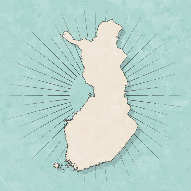 Map of Finland in a trendy vintage style. Beautiful retro illustration with old textured paper and light rays in the background (colors used: blue, green, beige and black for the outline). Vector Illustration (EPS10, well layered and grouped). Easy to edit, manipulate, resize or colorize.