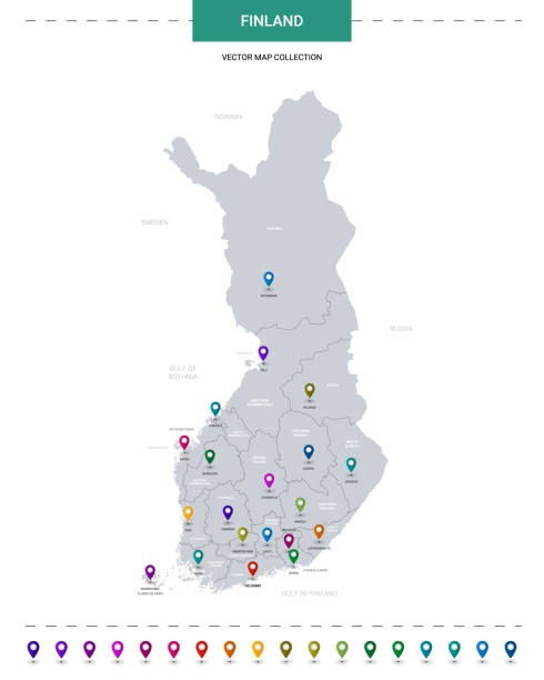 芬蘭地圖與位置指標標記。資訊圖向量範本,在白色背景上隔離。 - 芬蘭 幅插畫檔、美工圖案、卡通及圖標