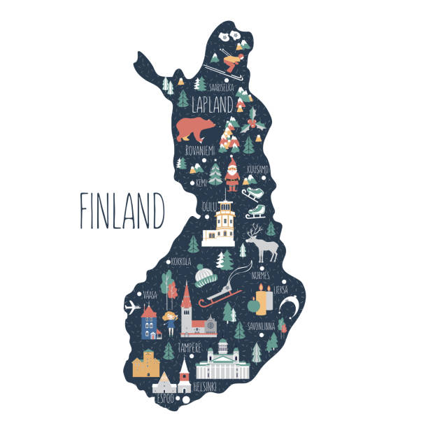 finlandiya seyahat karikatür vektör haritası beyaz arka plan üzerinde izole, fin simge yapıları, sembol, vahşi hayvan, düz bina illüstrasyon, tasarım duvar kağıdı için i̇skandinav ülke coğrafi dekor, seyahat posteri - finland stock illustrations