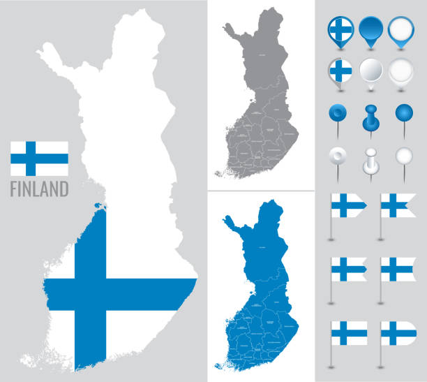 finland vector map with flag, globe and icons on white background - 北卡累利阿區 芬蘭 幅插畫檔、美工圖案、卡通及圖標