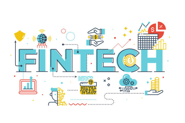 Fintech (Financial Technology) word lettering illustration Fintech (Financial Technology) word lettering illustration with icons for web banner, flyer, landing page, presentation, book cover, article, etc. hackathon stock illustrations