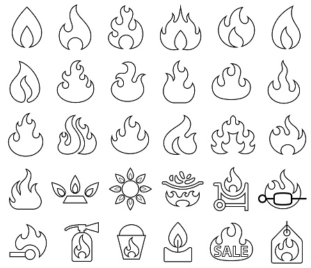 Single color isolated outline icons of fire and flame symbols