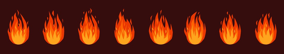 Fire animation. Burning bonfire or campfire, torch fire flames. Red, orange blazing fires effect animated sprites sheet cartoon vector set
