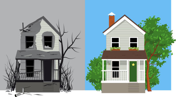 Fire damage restoration Burned house after fire and same house after restoration, EPS 8 vector illustration house fire stock illustrations