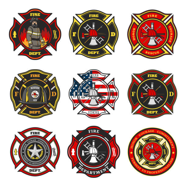 Fire department badges, firefighter team emblems Fire department badges, firefighter team cross shaped emblems with fireman in uniform, helmet and gas mask standing in flame, firefighter tools and equipment, leatherhead helmet and star vector firefighters stock illustrations