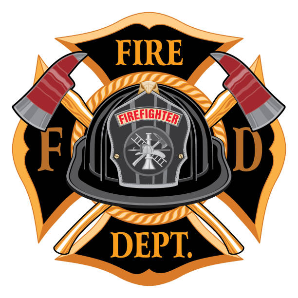 Fire Department Cross Vintage with Black Helmet and Axes Fire Department Cross Vintage with Black Helmet and Axes is an illustration of a vintage fireman or firefighter Maltese cross emblem with a black volunteer firefighter helmet with badge and crossed axes. Great for t-shirts, flyers, and web sites. maltese cross stock illustrations