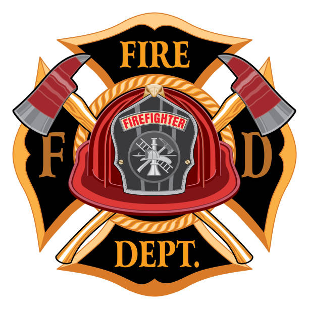 Fire Department Cross Vintage with Red Helmet and Axes Fire Department Cross Vintage with Red Helmet and Axes is an illustration of a vintage fireman or firefighter Maltese cross emblem with a red firefighter helmet with badge and crossed axes. Great for t-shirts, flyers, and websites. maltese cross stock illustrations