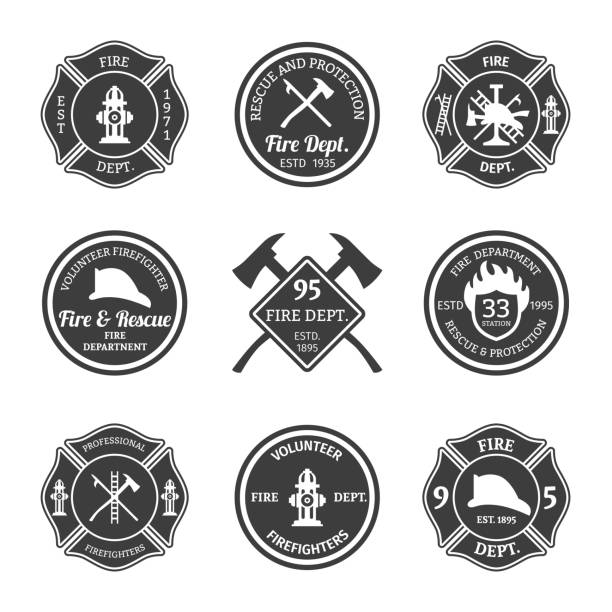 fire department emblems black Fire department professional firefighter equipment black emblems set isolated vector illustration firefighters stock illustrations