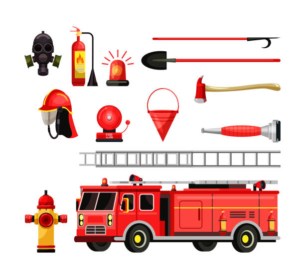 stockillustraties, clipart, cartoons en iconen met brandweer apparatuur ingesteld voor noodhulp - save water bucket