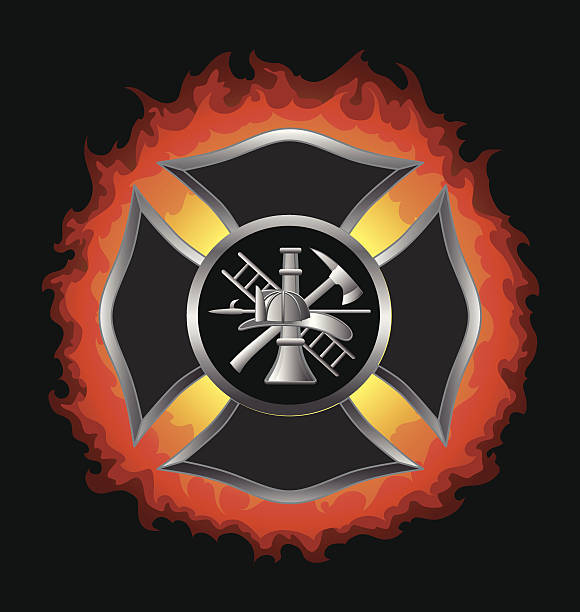 Fire Department Maltese Cross With Flames Fire Department or Firefighter’s  Maltese Cross Symbol in silver with flaming background illustration. maltese cross stock illustrations