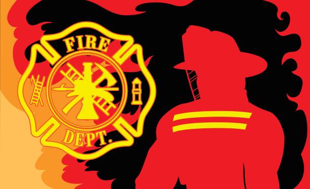 Fire Department With Fireman Fire Department With Fireman is an illustration of a silhouetted fireman or firefighter and a firefighter symbol surrounded by fire or flames. maltese cross stock illustrations