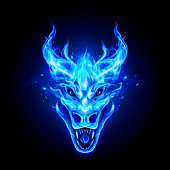 Fire Dragon Head in Blue Flame on the Dark Background. Modern Illustration Concept Style for Badge, Emblem and T-Shirt Printing