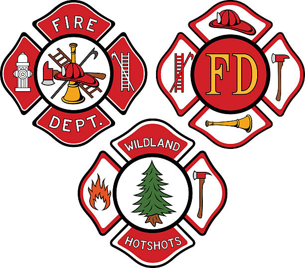 Fire Emblems Vector illustration of a set of three fire department emblems/insignia. Illustration uses no gradients, meshes or blends, only solid color. Each emblem is on its own layer, easily separated from the others in a program like Illustrator, etc. Both .ai and AI8-compatible .eps formats are included, along with a high-res .jpg, and a high-res .png with transparent background. firefighters stock illustrations