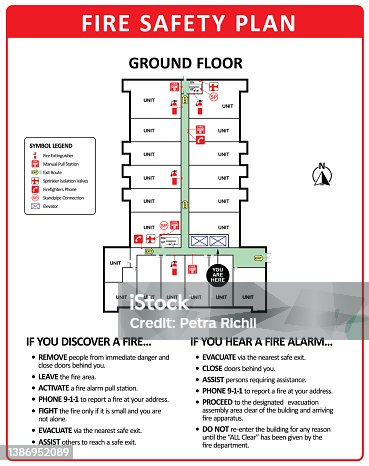 istock Fire emergency plan of building ground floor. 1386952089