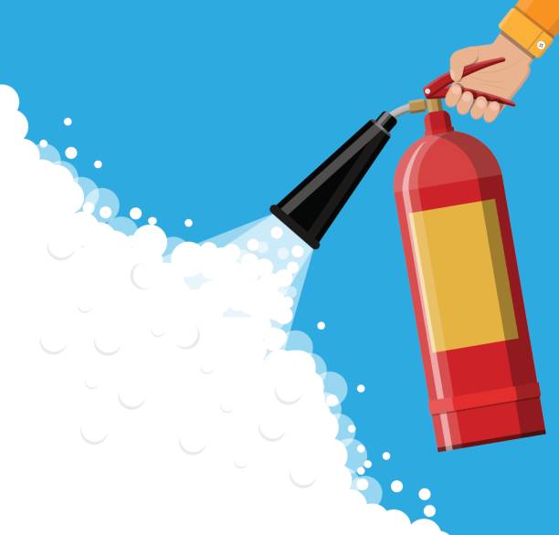 Fire extinguisher in hand with foam Fire extinguisher in hand with foam. Fire equipment. Vector illustration in flat style fire safety stock illustrations
