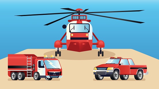 Fire fighter helicopters and vehicles