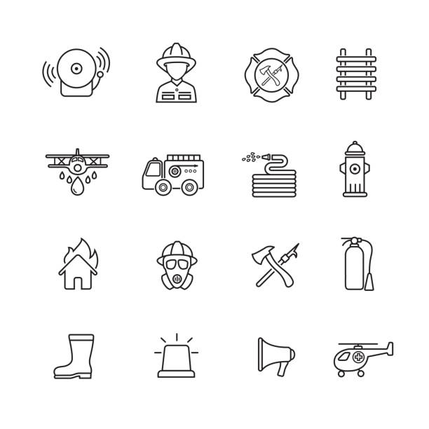 Fire fighter icons Fire fighter Thin line icons, set of 16 editable filled, Simple clearly defined shapes in one color. firefighters stock illustrations