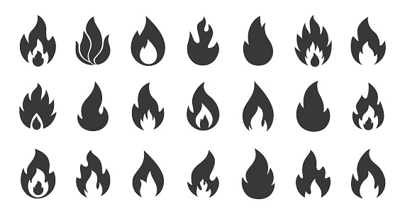 Fire icons. Simple flame silhouettes. Black contour warning minimal signs. Collection of isolated information symbols about fuel and hot products. Bonfire or flammable liquid. Vector fiery outline set