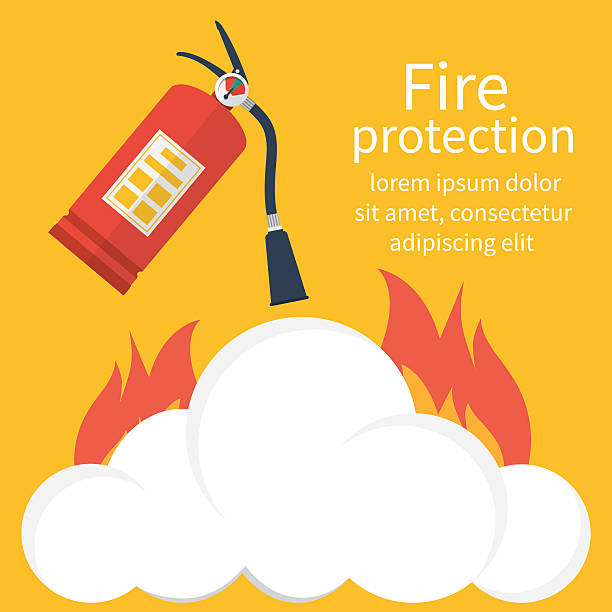 Fire protection vector Fire protection. Fire safety. Fire extinguisher aimed at the fire. Vector illustration flat design. Template banner for web design and print. Place to describe instructions in case of fire. fire safety stock illustrations