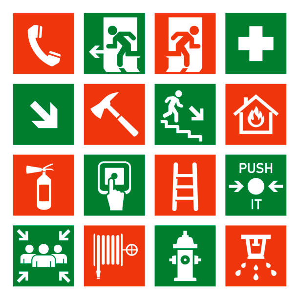 Fire safety icon, security, alarm signs and signals Fire safety icon, security, alarm signs and signals. Building safety equipment emblem. Vector flat style cartoon illustration isolated on white background safety equipment stock illustrations