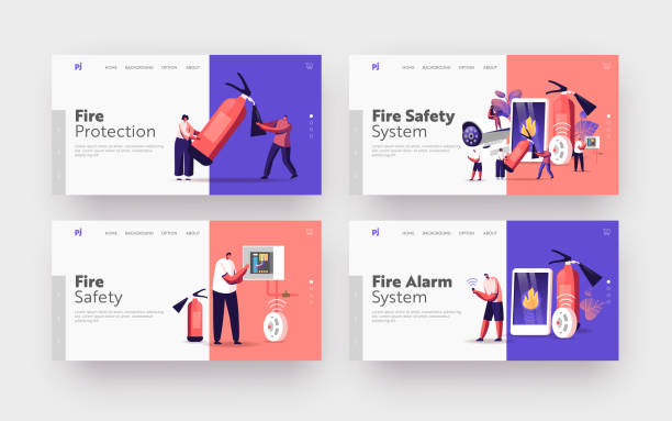 Fire Safety System Landing Page Template Set. People Get Fire Notification from Smartphone. People with Extinguisher Fire Safety System Landing Page Template Set. People Get Fire Notification from Smartphone. People with Extinguisher, Electrician Examine Working Draft, Measure Voltage. Cartoon Vector Illustration fire safety stock illustrations
