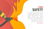 Fire safety vector illustration. Precautions the use of fire background template. A firefighter fights a fire cartoon flat design. Natural fires and disasters web banner.