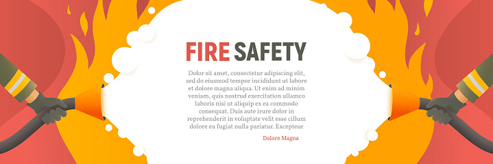 Fire safety vector illustration. Precautions the use of fire background template. A firefighter fights a fire cartoon flat design. Natural fires and disasters web banner