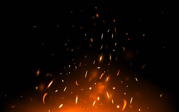 暗い背景に火花や粒子を燃やします。熱効果を持つリアルな焚き火。地獄の火と軽い炎。黒で隔離された明るく熱い要素を飛び上がる。ベクトルの図 - 焚き火点のイラスト素材／クリップアート素材／マンガ素材／アイコン素材