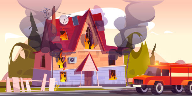 Fire truck at burning house, suburban cottage Fire truck at burning house, suburban cottage in flame with long tongues. Dangerous accident at home, firefighters vehicle near blazing countryside building or dwelling, Cartoon vector illustration house fire stock illustrations