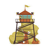 istock Fire watch tower. Ranger look at the forest with binoculars to detect smoke, cartoon illustration. Fire lookout tower. 1359714089