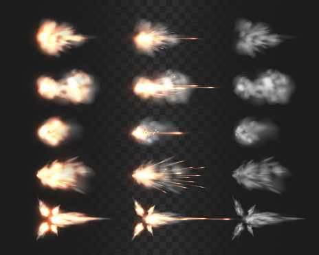Firearm muzzle flash special effects isolated on transparency grid