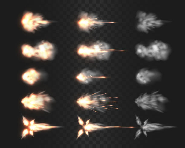 Firearm muzzle flash special effects isolated on transparency grid Firearm muzzle flash special effects isolated on transparency grid, various smoke cloud after gun being fired a realistic vector illustrations, rifle, shotgun, pistol or handgun shot flash collection flash stock illustrations
