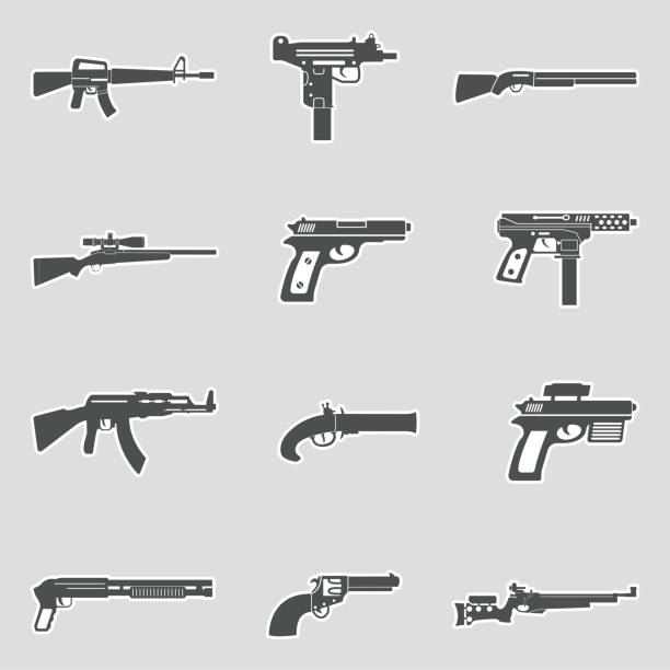 Firearms Icons. Sticker Design. Vector Illustration. Gun, Pistol, Machine, War gun violence stock illustrations