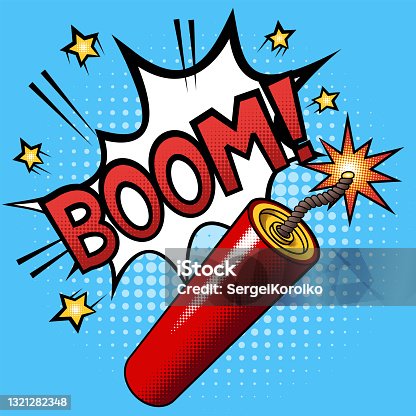 istock Firecracker or dynamite stick with a burning fuse and explosion with text BOOM. Halftone vector illustration 1321282348