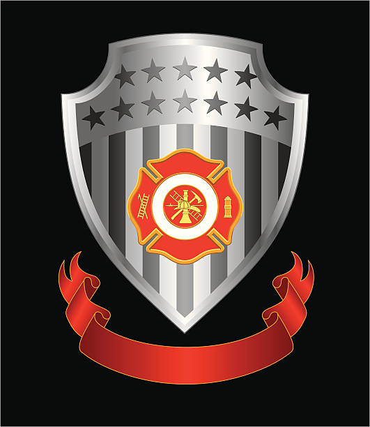Firefighter Cross Shield Illustration of a fire department or firefighter’s  Maltese cross symbol with firefighter logo on a silver shield with ribbon. maltese cross stock illustrations