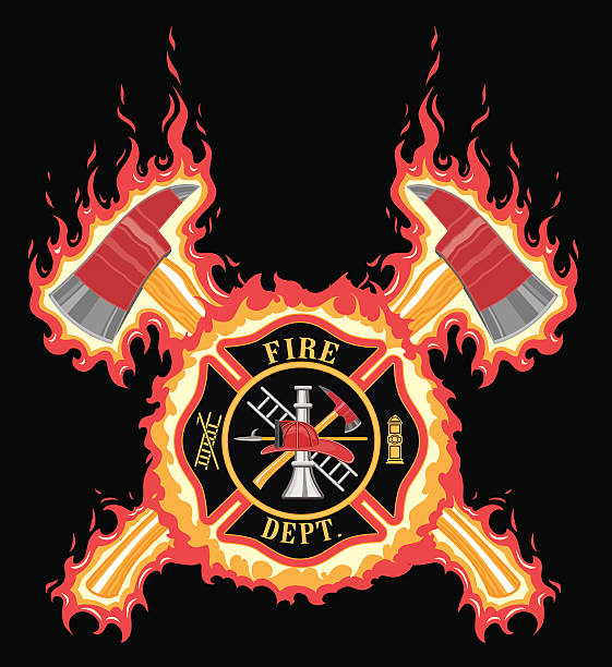 Firefighter Cross With Axes and Flames Firefighter Cross With Axes and Flames is an illustration of a fire department or firefighter cross with the firefighters tools logo and crossed axes with flame or fire background. maltese cross stock illustrations