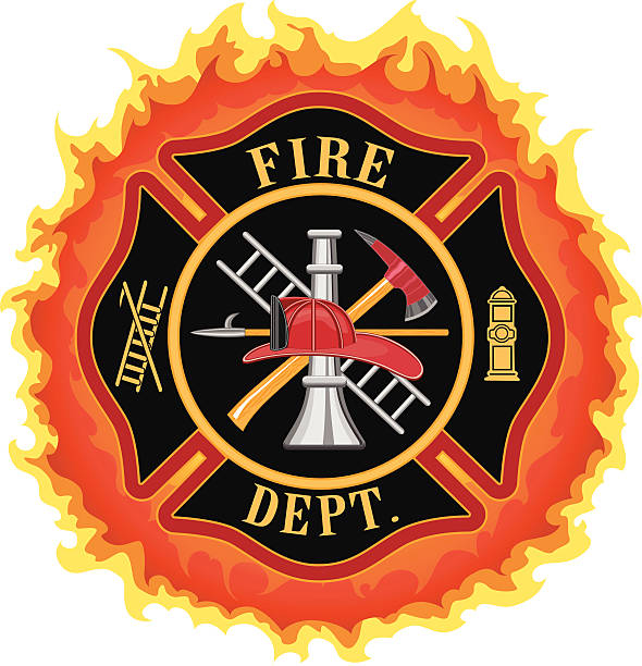 Firefighter Cross With Flames Fire department or firefighter Maltese cross symbol illustration with flames. Includes firefighter tools symbol.  maltese cross stock illustrations