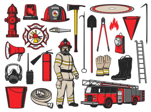 stockillustraties, clipart, cartoons en iconen met firefighter equipment and fire fighting tools - save water bucket