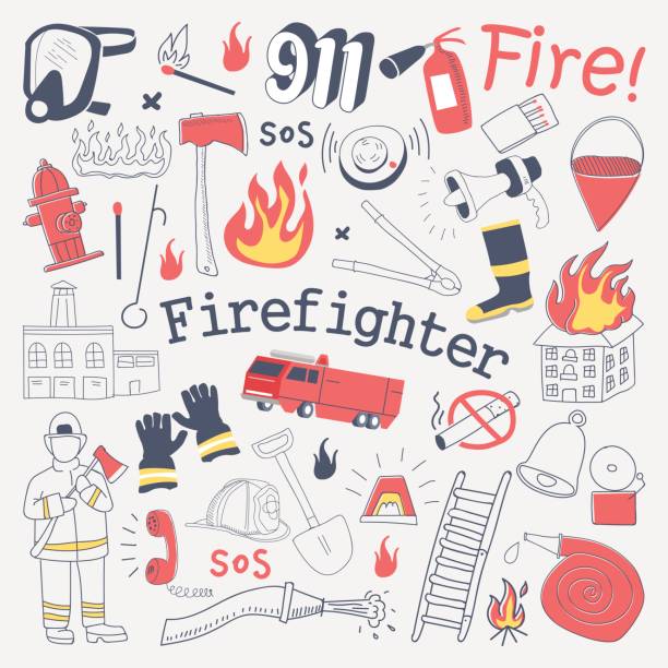 stockillustraties, clipart, cartoons en iconen met brandweerman freehand doodle. brandweerman met brandblusser en apparatuur hand getrokken elementen instellen - save water bucket