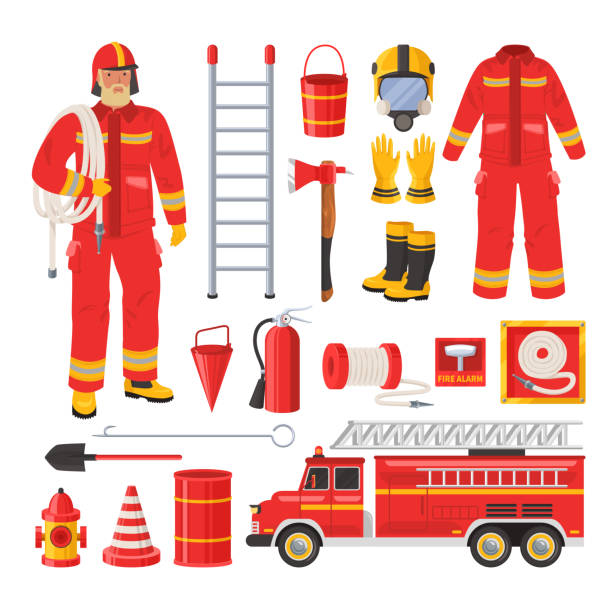 stockillustraties, clipart, cartoons en iconen met het eenvormige brandweerman en het materiaal reeks, vlakke vectorillustratie. brandweerman, rode brandweerwagen, waterslang, brandblusser etc. - save water bucket