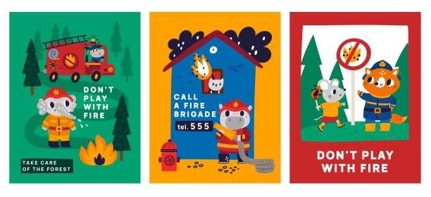 stockillustraties, clipart, cartoons en iconen met firefighters cards. kids warning posters, cute animals in fire uniform, forest conservation, red truck with funny moose driver, bonfire in forest, safety regulations, vector set - save water bucket