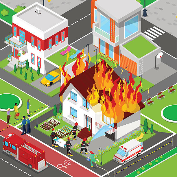 Firefighters Extinguish a Fire in House Isometric City Firefighters Extinguish a Fire in House Isometric City. Fireman Helps Injured Woman. Vector 3d Flat illustration house fire stock illustrations