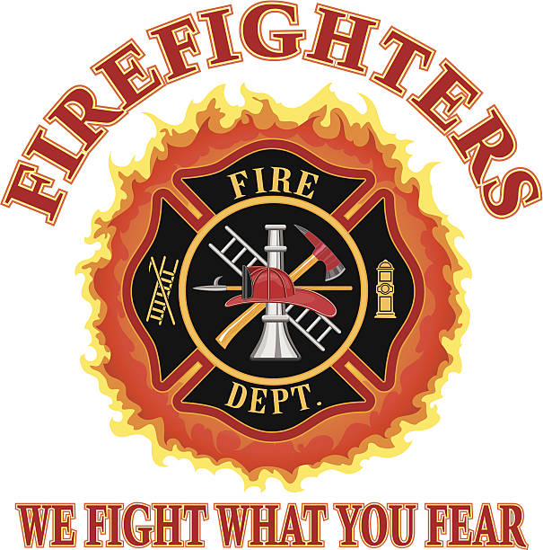 Firefighters We Fight What You Fear Fire department or firefighter Maltese cross symbol design with flames and “We Fight What You Fear” slogan. Includes firefighter tools symbol. maltese cross stock illustrations