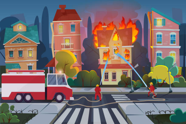 Firefighters with engine fire truck extinguish civil house in town. Natural Disaster concept cartoon vector illustration. Firefighters with engine fire truck extinguish civil house in town. Natural Disaster concept vector illustration house fire stock illustrations