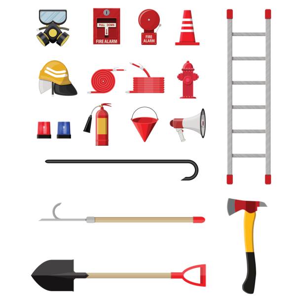 stockillustraties, clipart, cartoons en iconen met brandbestrijding instellen. brand beschermende uitrusting. - save water bucket