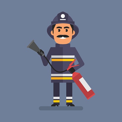 Fireman holding fire extinguisher and smiling