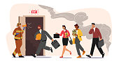 istock Fireman with Megaphone Announce Fire Emergency Evacuation Alarm. Alert Building Occupant Characters Escape Office 1328278353