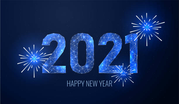 Firework 2021 new year in futurictic style on blue background. Geometric polygonal concept of shimmering numbers for a Christmas card. Banner for congratulations or invitation, vector illustration  happy new year 2021 stock illustrations