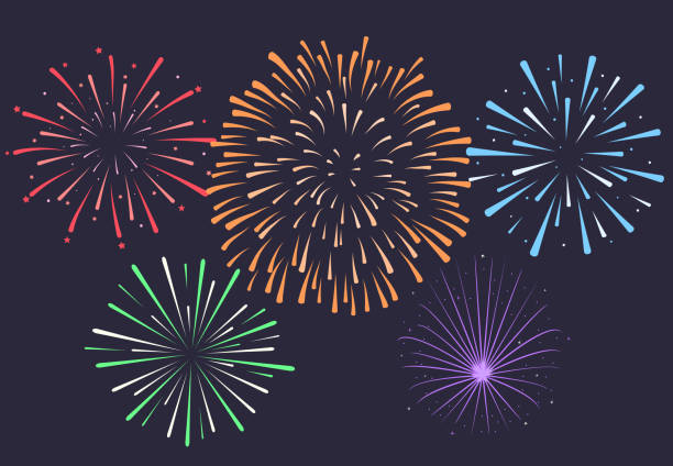 Firework on night background, anniversary bursting fireworks. V vector art illustration